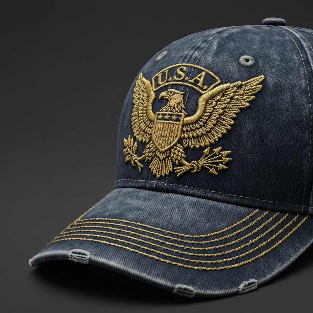 Close-up detail of Patriot Cap embroidery showing American eagle, Liberty Bell, and stars craftsmanship